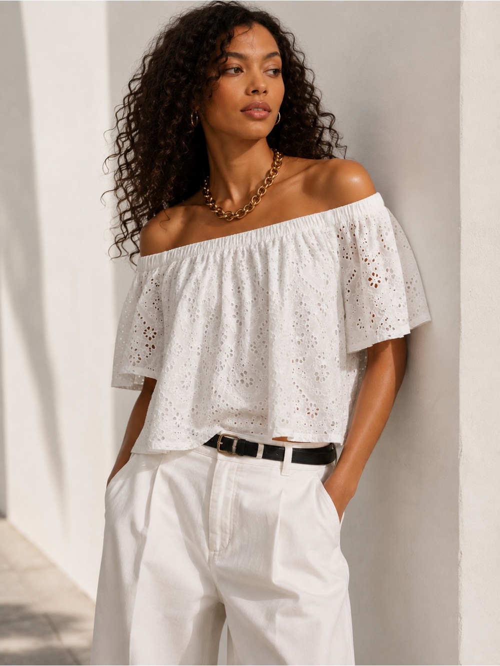 White Eyelet Off The Shoulder Cotton Top By Rebellion Size L